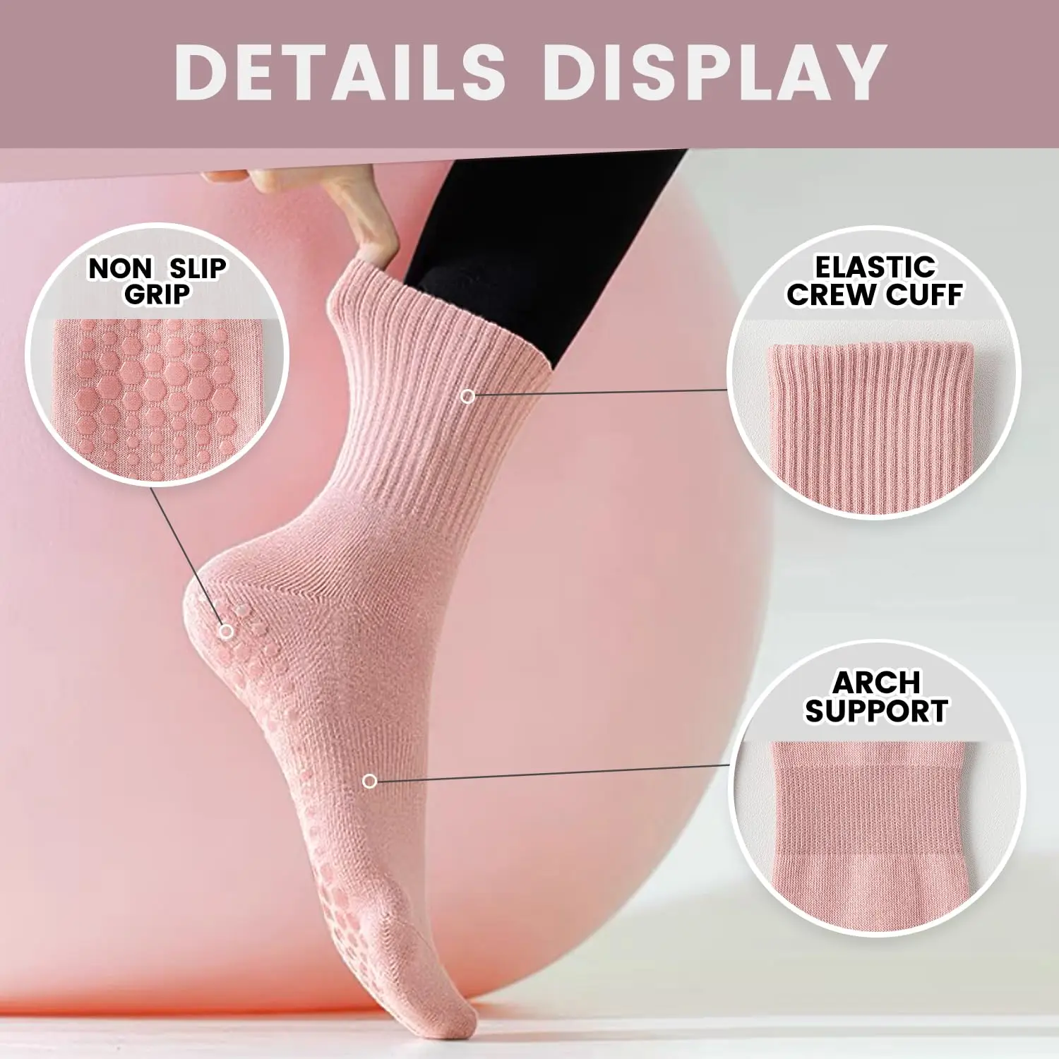 女性用ヨガソックス4足、ソリッドカラーのミッドソール滑り止め - Pilates Yoga &A のレビューと価格